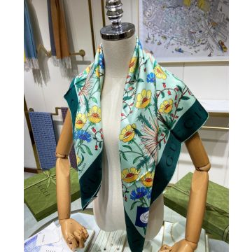 Hot Selling Flora Pattern Dark Green Edge 90 * 90CM Silk Kerchief - Replica Gucci 100 Green Scarf For Ladies