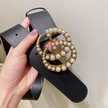2021 Luxury Gucci 4CM Black Leather Strap Female White Pearl Double G Brass Buckle Marmont  Belt 453260 DLX1T 9094