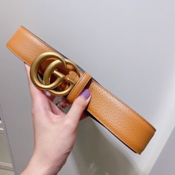 2021 Best Gucci Classic Brass Marmont Double G Buckle Earthy Yellow Grainy Leather 3.8CM Belt For Girls  