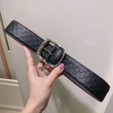 Top Sale Gucci GG Logo Pattern Detail Wide Square Buckle Unisex Black Signature Leather Belt 4CM Online 