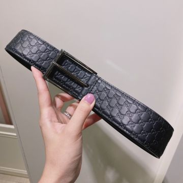 High Quality Gucci Signature GG Embossed Pattern Square Piston Buckle Black Calfskin Leather 4CM Belt For Men
