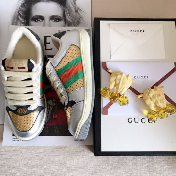 Fake Gucci Lovelight Screener Web Motif Dismountable Diamonds Decoration Golden Perforated & Silver Smooth Leather Patchwork Women's Sneakers
