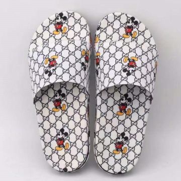 2022 Summer Popular Gucci GG Supreme Printing Disney Mickey Motif  White Fabric Slide Sandals For Men Replica