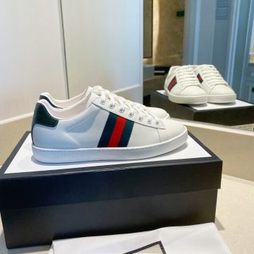 2022 New Gucci Ace Green Crocodile Heel Red/Green Web Detail White Leather Shoes For Men & Womens 386750 A3830 9071