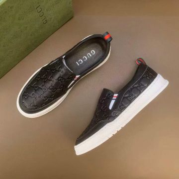 Gucci Daily Fashion Calfskin GG Logo Embossed Black Leather Flip-on Sneakers Men Casual Shoes For Sale 