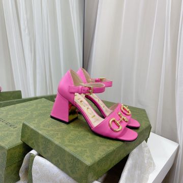  Gucci Horsebit Motif Ankle Strap Square Toe Block High Heel Lady Closed Heelpiece Fashion Barbie Pink Leather Sandals