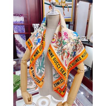 Spring Hot Selling Bloom Printing Letter Detail Borders - Replica Gucci 100 Silk Female Square Shawl Yellow / Green / Red