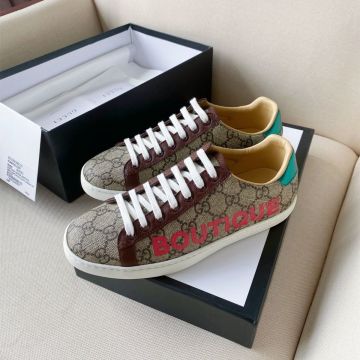 High End Gucci Unisex Ace Red Printing Pattern Beige Canvas Ebony GG Supreme Low Top Sneakers Green Heels 