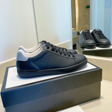 Unisex Trendy Gucci Ace Perforated Interlocking GG Motif  Grey Back Black Leather Low Top Sneaker For Sale Online