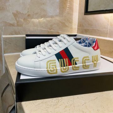Spring/Fall Gucci Ace White Leather Lace Up Sneakers Gold GUCCY Printing Bright Red Heels Shoes For Lovers 