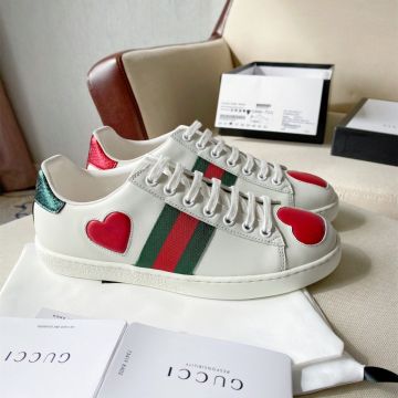 2021 Latest Gucci Ace Female White Leather Lace Up Sneakers Green/Red House Web Low Top Red Heart Shoes 435638 02JS0 9074