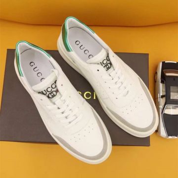 2022 Fashion Gucci Green Heel Lace-up Logo Circle Detail White Leather & Grey Suede Leather Sneakers