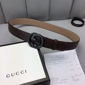 Latest Gucci High End Signature Leather Strap Black Matte Interlocking G Pin Buckle Men Fashion Belt  Coffee/Black/Blue