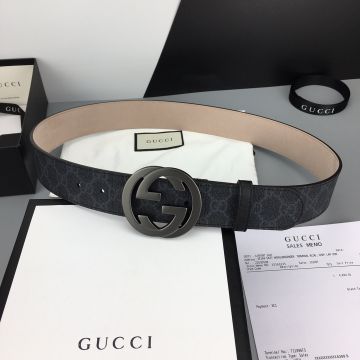High Quality Gucci GG Supreme Grey Logo Printing Black Canvas Interlocking G Pin Buckle 4CM Belt For Men Black/Yellow Gold/Silver