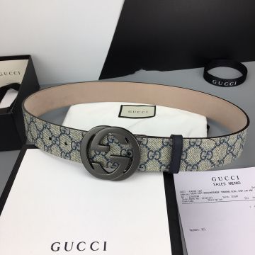 Cheapest Gucci Dark Blue Logo Pattern Interlocking Black/Brass/Silver Interlocking Buckle Male GG Supreme Beige Canvas Fake Belt