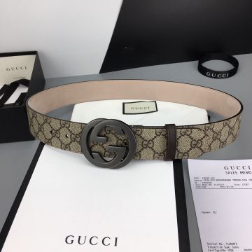 Classic Gucci Beige/Grey GG Supreme Canvas 4CM Strap Interlocking GG Pin Buckle Belt For Men Black/Silver/Black