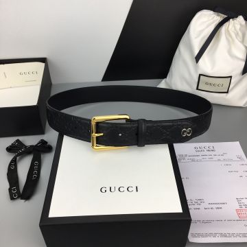 Top Sale Gucci Metal GG Detail Silver/Yellow Gold Square Pin Buckle Men Logo Embossed Black Signature Belt 4CM
