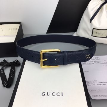 Replica Gucci Dark Blue Calfskin Leather GG Signature Motif Metal GG Motif Square Buckle Belt For Men SilverlYellow Gold