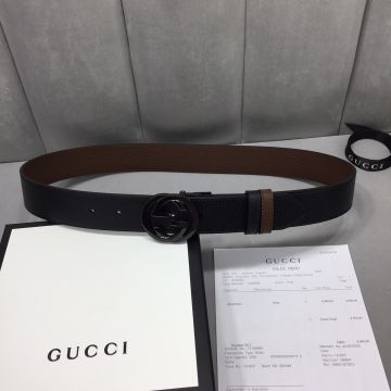 Best Selling Gucci Black Metal Interlocking GG Buckle Male Black & Brown Grainy Leather Reversible Belt 3.7CM Online