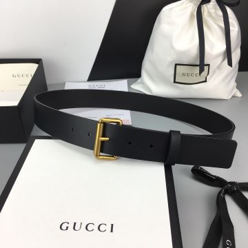 Unisex Latest Gucci Classic Style Square Buckle Logo Embossed Pattern Black Smooth Leather 3.7CM Belt Silver/Yellow Gold
