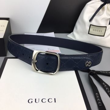 Fall Fashion Gucci Dark Blue Signature Leather Strap Metal GG Accessory Men Silver/Yellow Gold Square Pin Buckle Belt 