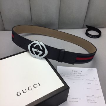 Gucci Unique Style Interlocking GG Buckle Silver/Yellow Gold Black & Red Web Leather Patchwork  Belt For Men 40mm