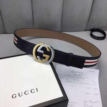 Top Sale Gucci Two-tone Interlocking GG Buckle Tri-color Web Detail Male Black Leather Web Belt 4CM Online