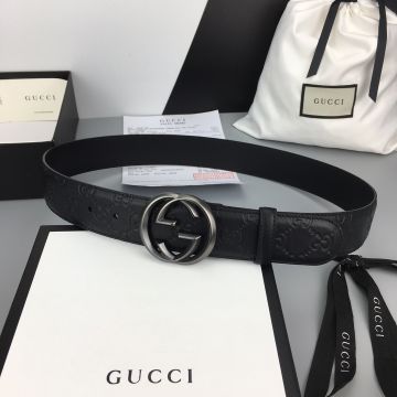 Celebrity Gucci Black Signature GG Logo Embossed 4CM Strap Male Black/Silver/Brass Interlocking GG Buckle Leisure Belt