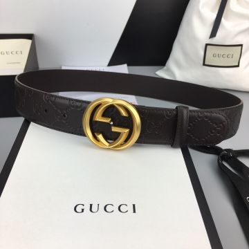 Best Price Gucci Interlocking GG Silver/Brass Buckle Dark Coffee Signature Leather Business Belt For Men 40MM Replica