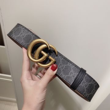 Low Price Gucci Marmont Brass Double G Buckle Unisex Black Canvas Grey GG Supreme Belt 38MM For Sale