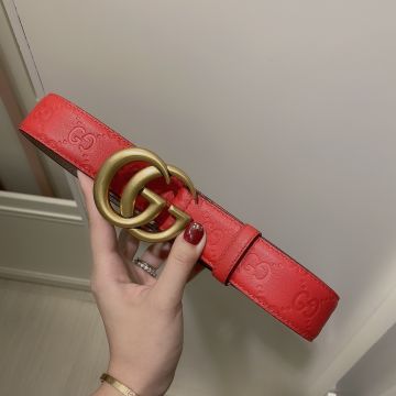 2021 New Gucci Marmont Brass GG Buckle Logo Embossed Unisex Signature Leather 3.5CM Belt Red/Black Replica