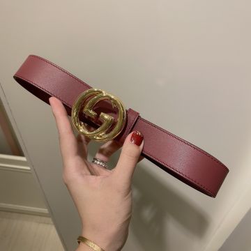 Hot Selling Gucci Shiny Yellow Gold Interlocking GG Buckle Dark Red Smooth Leather 30MM Belt For Ladies