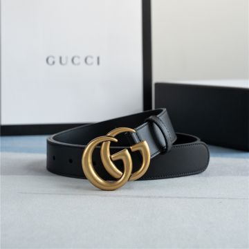 High Quality Gucci Antique Brass Double G Buckle Black Calfskin Leather Unisex Belt Price List