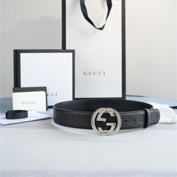 High Quality Gucci Shiny Silver Plated Interlocking G Buckle Signature Leather 3CM Black Belt For Men / Women
