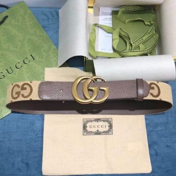 2022 Fashion Gucci GG Logo Pattern Beige Canvas & Brown Leather Antique Brass Double GG Buckle Belt For Men Women