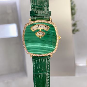 Low Price Emerald Green Dial Yellow Gold Case Date Window Femal Grip Crocodile Leather Strap - Gucci  Crystals Timing Tool 38mm