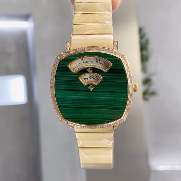 Fashion Grip Vivid Green Coral Stone Dial Crystal Bezel Yellow Gold Square Case & Bracelet - Gucci High End Female Quartz Watch