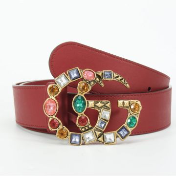 Best Price Gucci Multicolor Crystals Style Brass Double G Marmont Buckle Red Smooth Leather Belt For Ladies USA