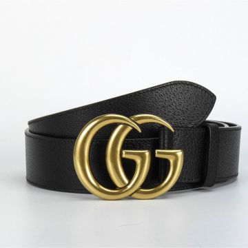 2021 Best Gucci Women Yellow Gold Plated Double G Buckle 3cm Black Grainy Leather Marmont Belt Online 414516 0YA0G 1000