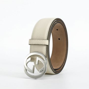 Unisex Fashion Gucci White Calfskin 3CM Strap Shiny Silver Interlocking G Pin Buckle Belt For Sale Replica