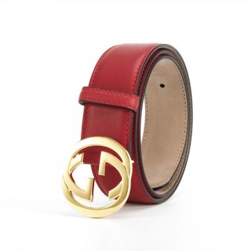 Best Price Gucci Classic Interlocking G Yellow Gold Plated Buckle Female Red Calfskin Leather 3CM Belt UK