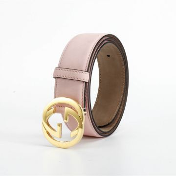 Women's Cheapest Gucci Pink Genuine Leather Strap Interlocking GG Shiny Yellow Gold Plated Buckle Belt 3CM