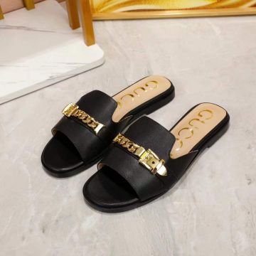 Gucci Best Site Sylvie Female Yellow Gold Chain Female Flat High-Quality Calfskin Leather Slide Sandals Price Malaysia