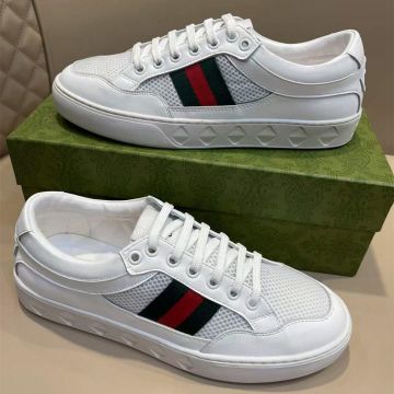 Gucci Classic GG White Leather & Mesh Bi-color Web Band Motif  Men Patchwork Lace-up Sneakers Sale Online