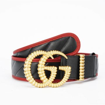 Top Sale Gucci Torchon Double G Brass Buckle Sewing Line Design Red Leather Edge 3.7cm Black Belt For Men/Women
