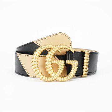  Celebrity Same Gucci Marmont Torchon Double G Buckle Female 37.CM Black & Beige Patchwork Leather Belt Online