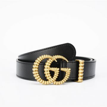 Low Price Gucci Black Calfskin Leather 3.5cm Strap Brass Torchon Motif Double G Buckle & Loop Women Fashion Marmont Belt