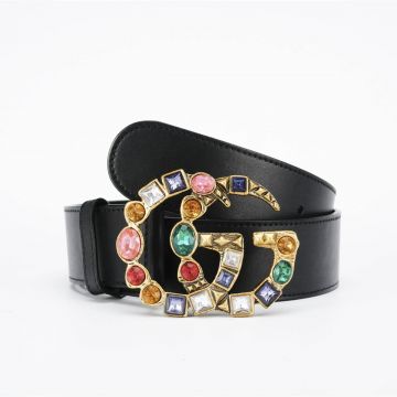 2022 Classic Gucci Marmont Black Calfskin Leather Double G Brass Buckle Colorful Crystals Detail Female 4CM Belt 513183 AP0IT 1093