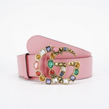 Women's Gucci Sweet Design Pink Leather 4.0CM Strap Multicolor Crystals Motif Double G Brass Buckle Marmont Belt 