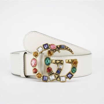 2022 Best Gucci White Calfskin Leather 4CM Strap Antique Brass Double G Marmont Buckle Women Multicolor Crystals Belt UK